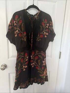 FARM Rio Black Mini Dress with Red & Green Floral Embroidery